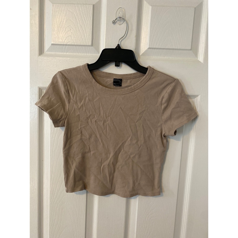 EST. PAC. 1980 Womens Tan Khaki Short Sleeve Cropped Baby Tee Size Small